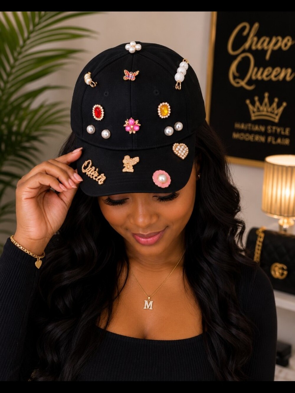 Embellished Black Women's Baseball Cap with Pearl & Jewel Accents